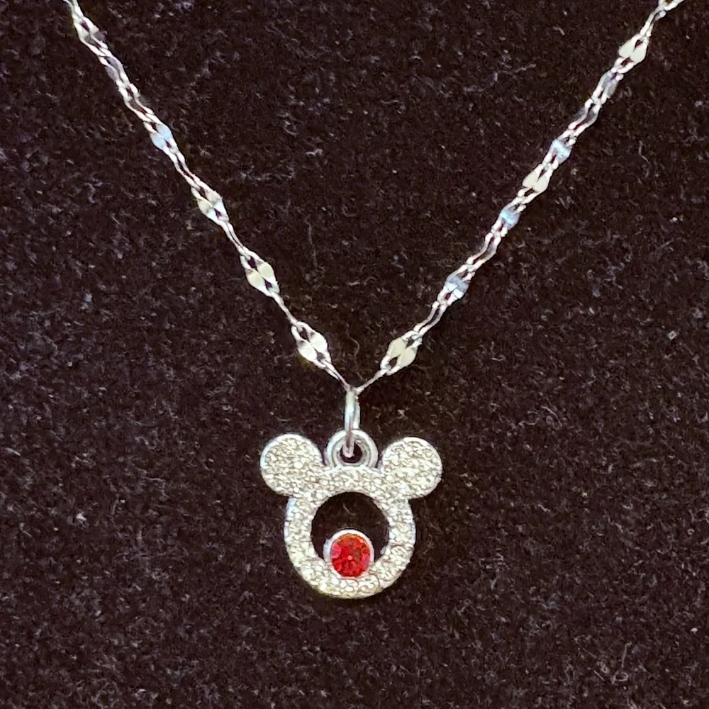 Rhinestone Minnie Mouse w/ruby red birthstone charm necklace